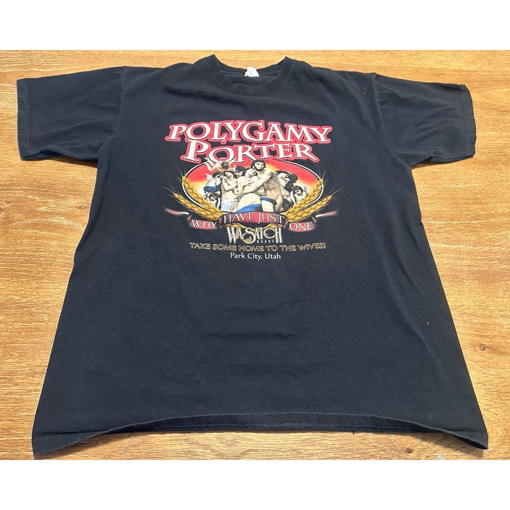 Vtg WASATCH BREWING Polygamy Porter Medieval Graphic Beer T-Shirt Black L